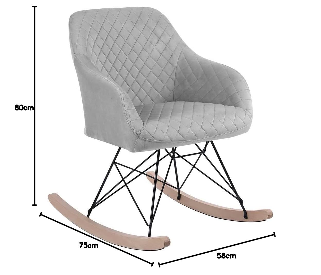 BAKAJI Poltrona Sedia a Dondolo Relax Casa Rivestimento in Tessuto Struttura Legno Imbottita Piedi in Metallo Base Dondolante Legno Dimensione 75 x 58 x 80 cm Design Moderno Scandinavo (Grey)