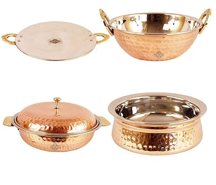 Indian Art Villa Handmade Steel Copper Set of 1 Kadai Karahi Wok 1 Handi 1 Donga Casserole 1 Tava for use Serving Indian Dishes Restaurant Hotel Home Kitchen Garden Gift Item