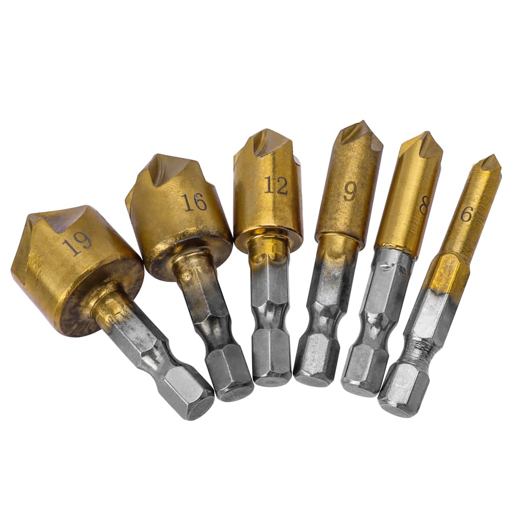 6 Pezzi 82° Svasatore Conico in HSS Titanio Rivestito, Svasatore Conico in HSS Titanio Rivestito con Codolo Esagonale con Alesatore per Fori 6-19 mm