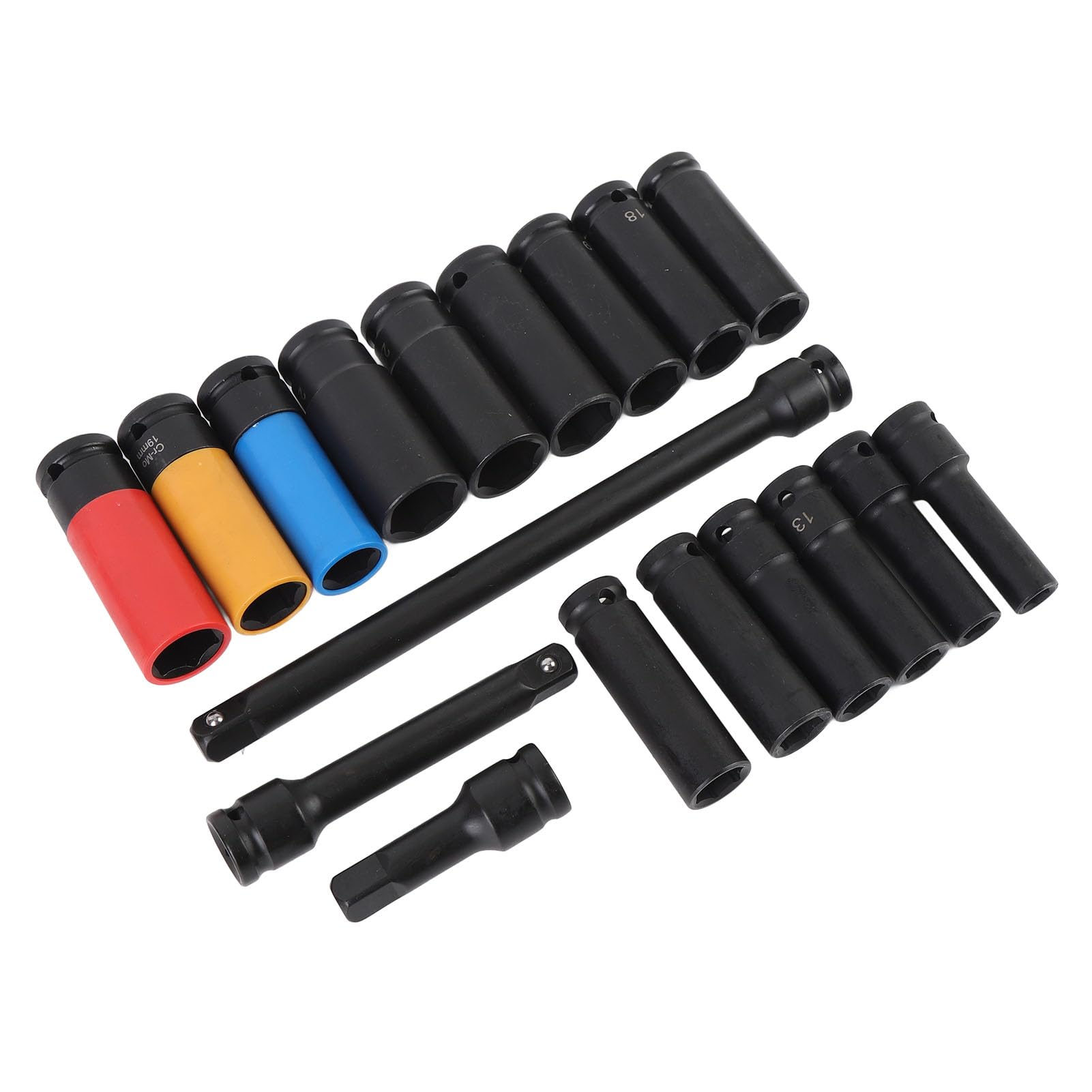 RiToEasysports 18 szt. 1 2-calowy Zestaw Nasadek Udarowych CRV Zestaw Metrycznych Nasadek Udarowych 10 Mm do 24 Mm 6-punktowy z Przedłużaczami 3 Cale 5 Cali 10 Cali do Naprawy Samochodów i Użytku w