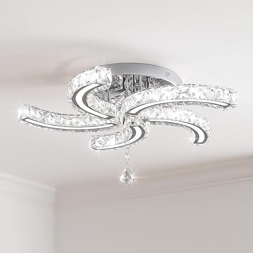 Miniatura 12 de Finktonglan Lámpara de Techo de Cristal de 16", Candelabros de Cristal Modernos con Control Remoto, Lámpara de Techo LED de 2 Anillos de Montaje al