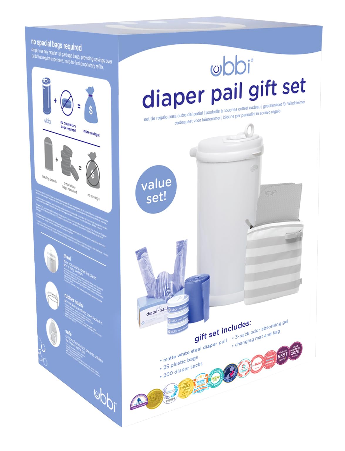 Ubbi Nappy Changing Value Gift Set, Baby Registry Gift, Includes Matte White Nappy Pail, Absorbing Gels, Travel Changing Mat & Bag, Nappy Pail Waste Bags and On-the-Go Waste Sacks