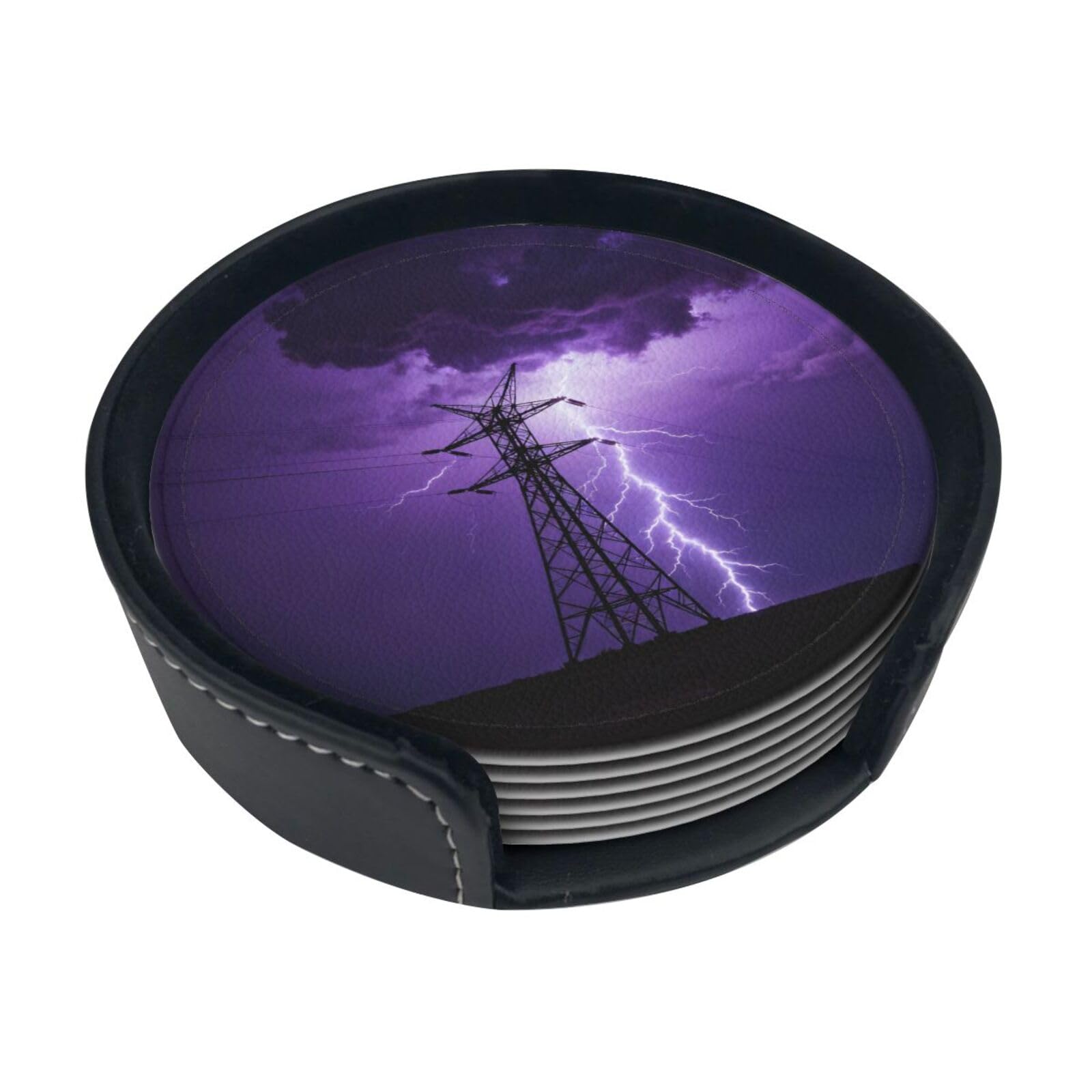 Cntdbu White Power Tower Lightning Leather Coasters Set Of 6-Pu Leather Drink Mats For Table, Heat Resistant Round Coasters With Holder
