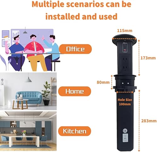 Miniatura 5 de ZESHAN Toma de corriente desplegable para encimera de cocina, enchufe de alimentación con cargador inalámbrico, 2 potencias y USB C PD carga rápida