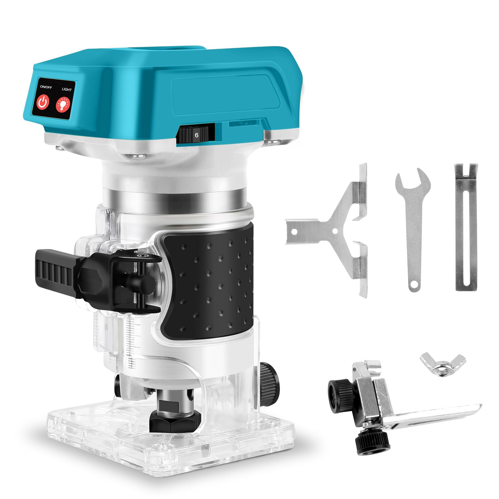 Bois Défonceuse Affleureuse pour Makita 18V Batterie, 1300W Ø 8 mm ou 6 mm, 13000-30000RPM, 6 Vitesses Variables (sans batterie)