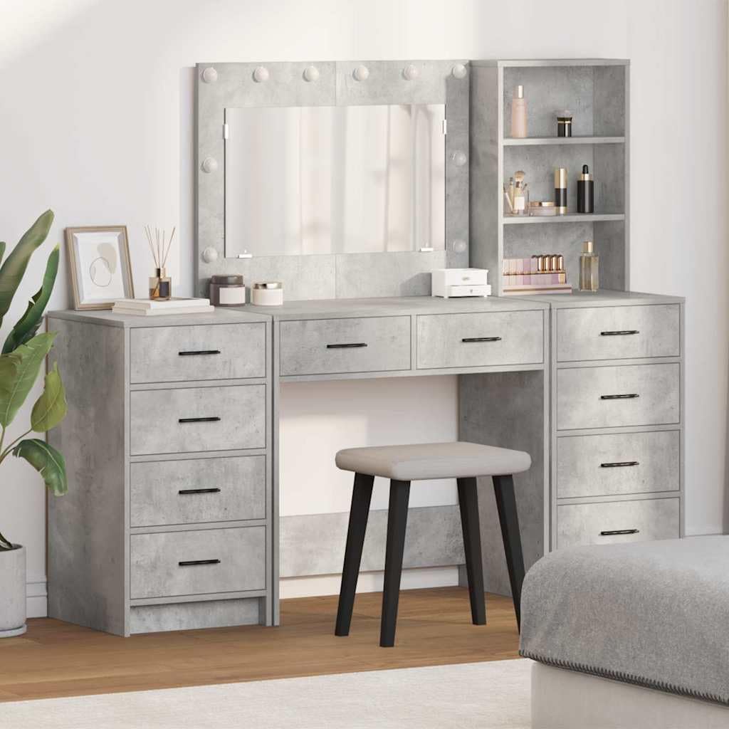 Tocador con espejo y 10 cajones de hormigón gris de madera 78,5 x 41 x 135 cm, 3 piezas con iluminación LED y armario alto para dormitorio, salón de belleza y peluquería