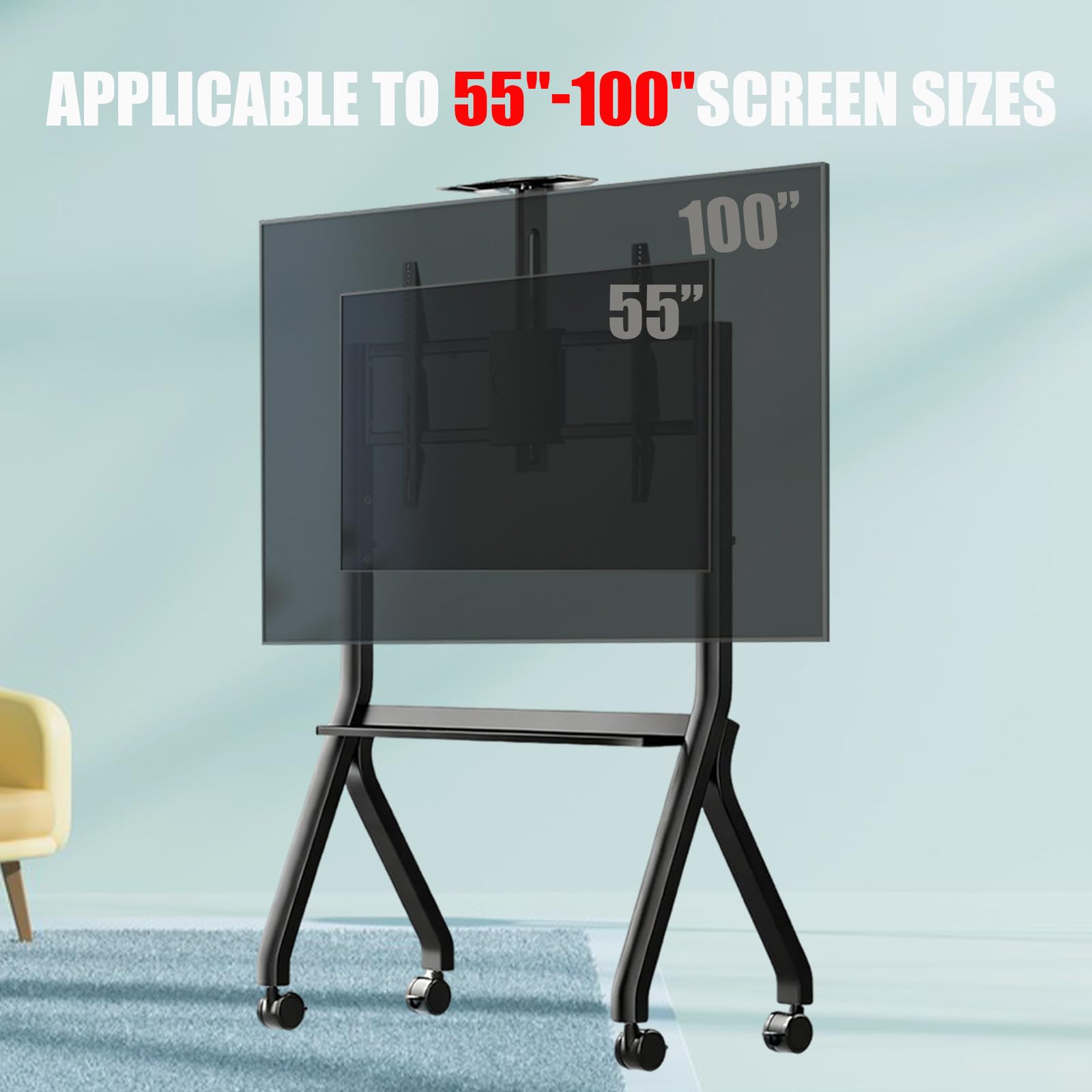 Supporto TV Portatile su Ruote con bloccaggio di Sicurezza, Base Extra Large, Perfetto per Famiglie con Bambini e Animali Domestici, Massima stabilità 55"-100"