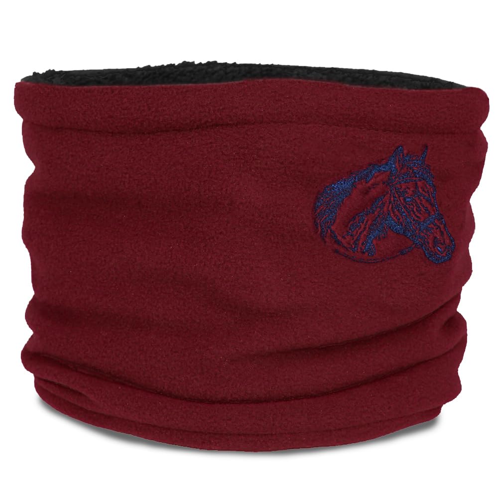 TeddyT's Horse Sketch Embroidered Fluffy Fleece Snood Scarf (Maroon Red)