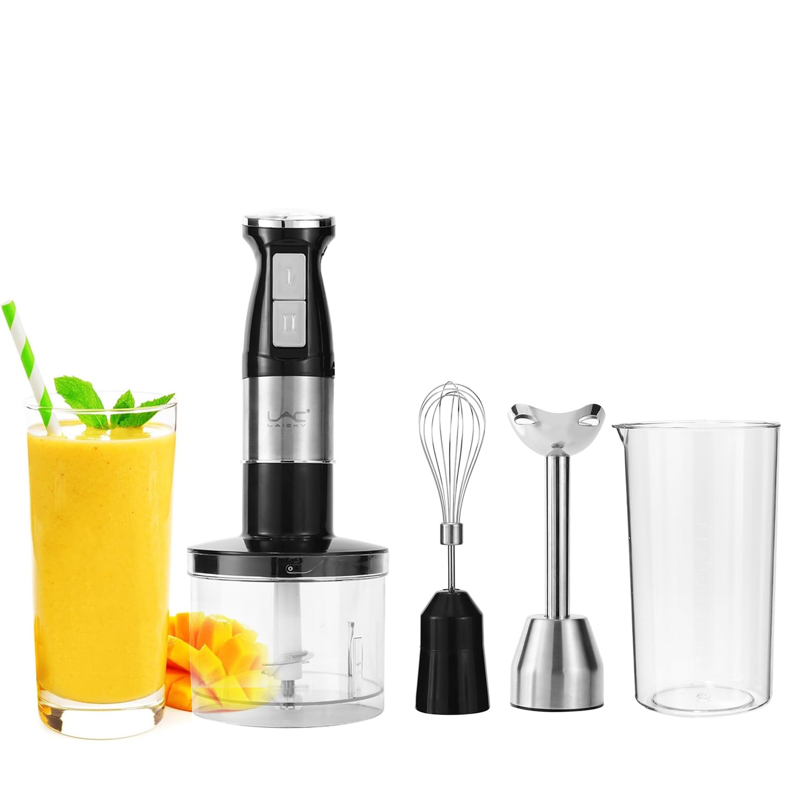 Hand Blender, 4 in 1 Blender, Hand Blender Electric 800W 2-Speed and Turbo Mode, Immersion Blender with 500ml Food Chopper, 600ml Container, Milk Frother, Egg Whisk, for Smoothie Sauces Food Soups