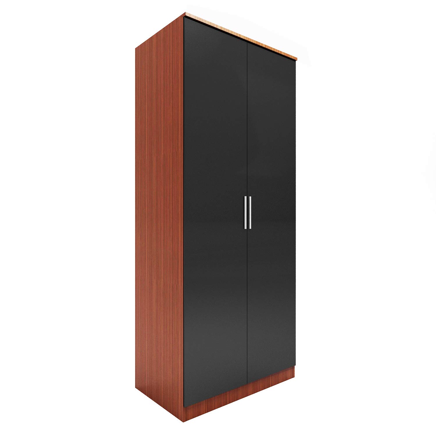 ELEGANT Modern High Gloss Soft Close 2 Doors Wardrobe with Metal Handles Includes a removable hanging rod and storage shelves, Black/Walnut