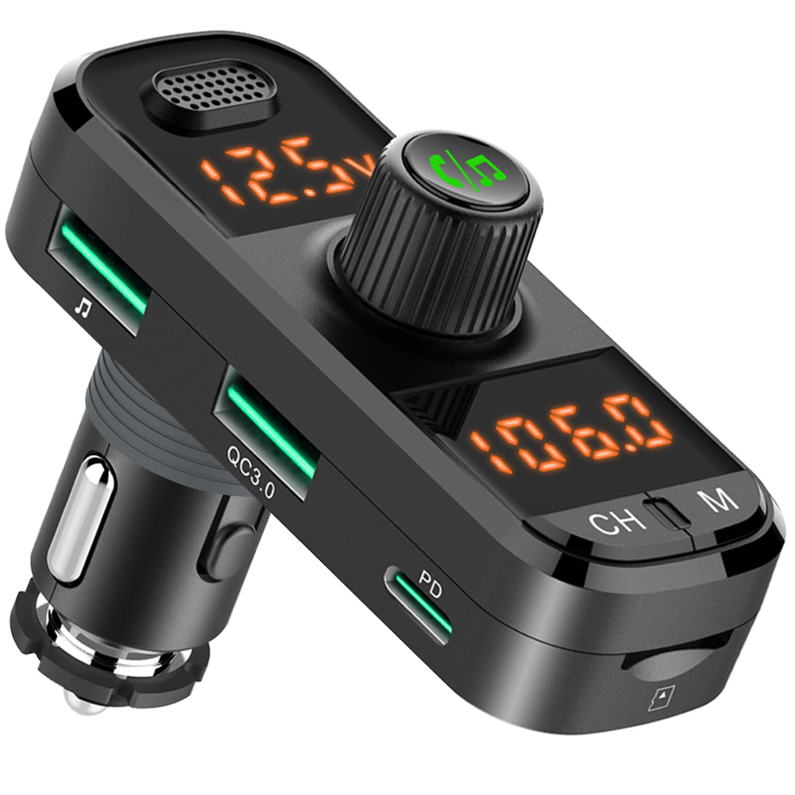 Transmisor Bluetooth FM para Coche, Adaptador Encendedor MúSica, Adaptador Radio Reproductor MP3 con Carga Rápida PD y QC 3,0, Manos Libres Inalámbrico, Soportes Tarjeta TF/USB Flash/Aux