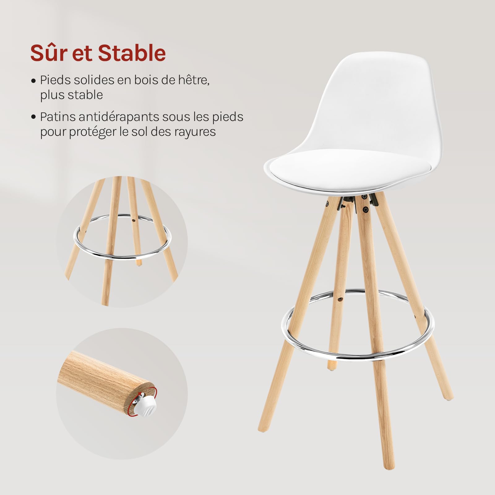 WOLTU Lot de 2 Tabourets de Bar en Similicuir, Tabouret de Cuisine avec Repose-Pied,Blanc BH45ws-2