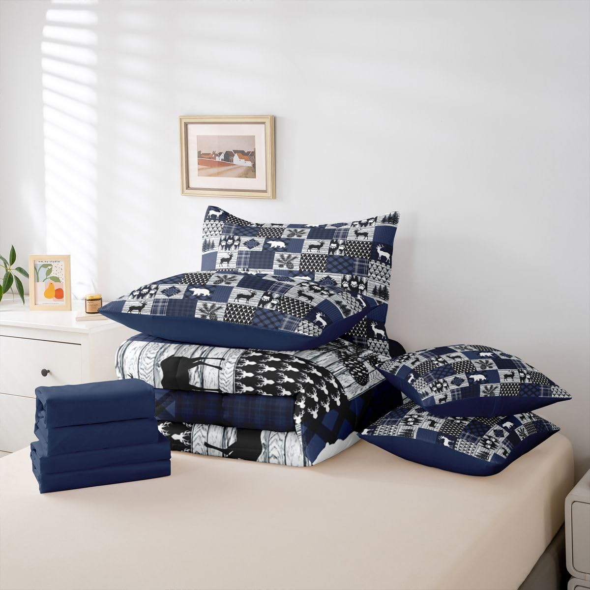 Feelyou Cabin Comforter Set with Sheets 7 Piece Queen Size Farmhouse Rustic Bedding Set for Kids Boys Girls Bear Deer Bed in a Bag Country Lodge Room Decor Navy Blue Soft Lightweight Microfiber
