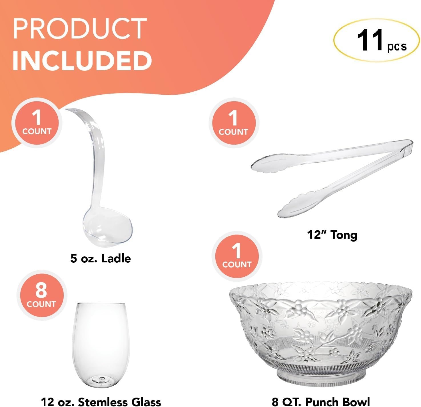 Party Essentials Hard Plastic Embossed Serving Bowl For Punch/Salad/Snack/Treat, Clear, 8-Quart with Ladle, Tong & 8 Stemless Wine Glasses
