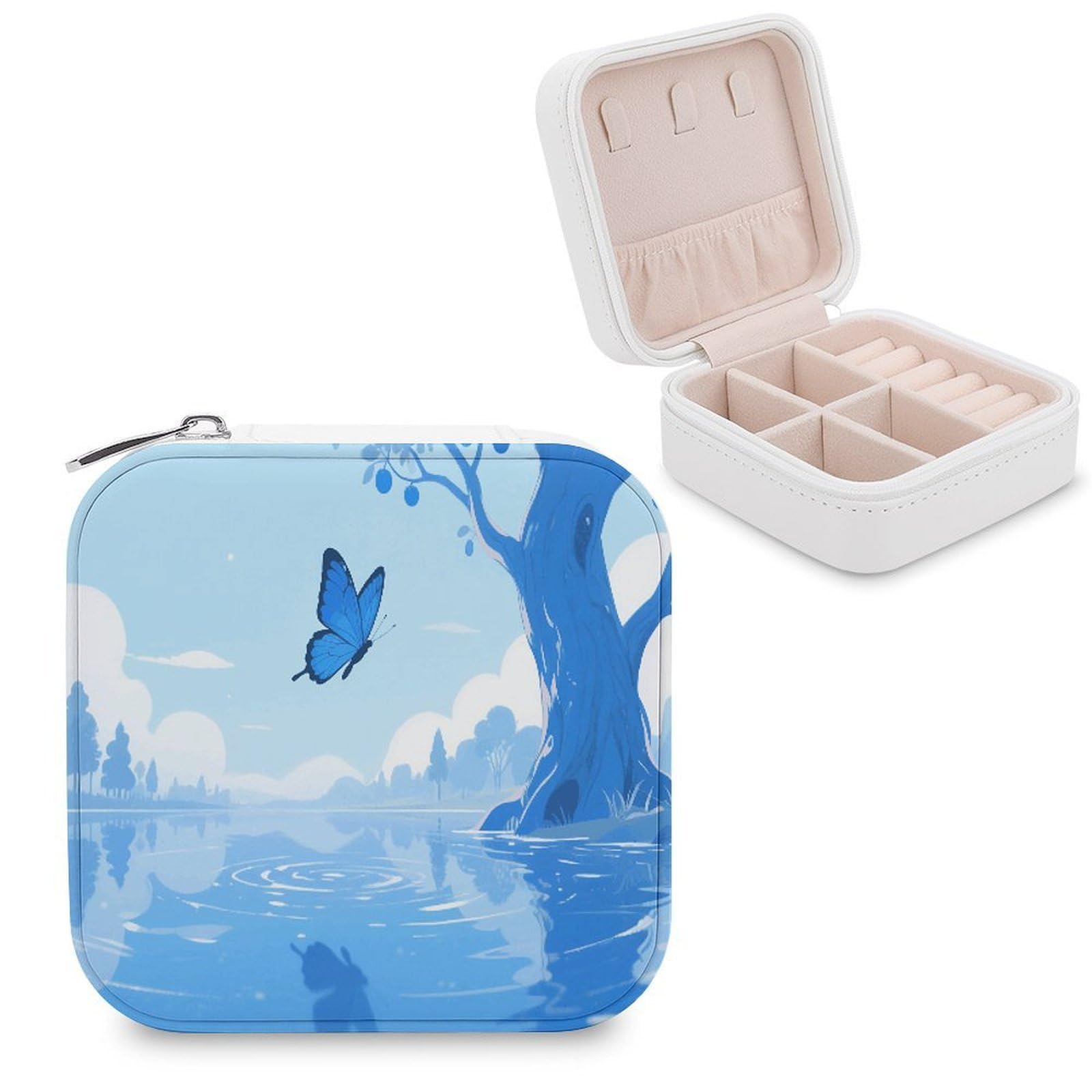 VstaDank Blue Butterfly Jewelry Box for Women Jewelry Organizer Storage Case with Zipper Mini Travel Jewelry Case Cute Trinket Organizer Leather Portable Jewelry Storage Box