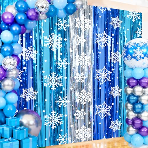 Image of 2 Packs Snowflake Foil Fringe Curtain, Blue Silver Ice Glitter Metallic Tinsel Backdrop for Princess Birthday Baby Shower Santa Claus Christmas Winter Wonderland Party Decoration Supplies
