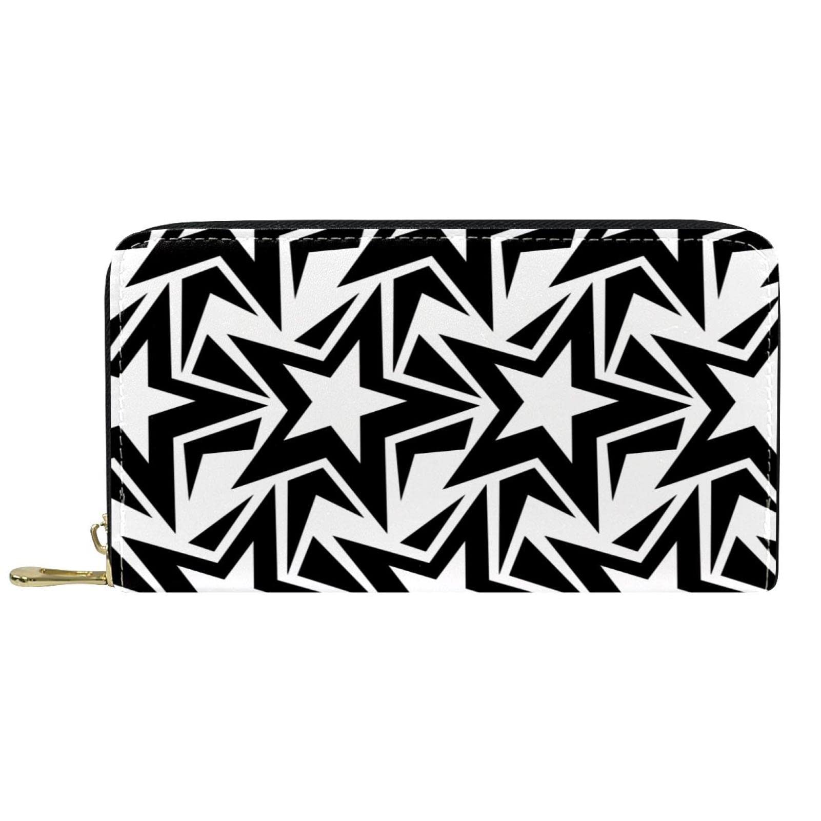Cartera de cuero con cremallera larga abstracta negra y blanca con patrón de estrellas, Varios colores, 20.5x2.5x11.5cm/8.07x1x4.53 in, Classic