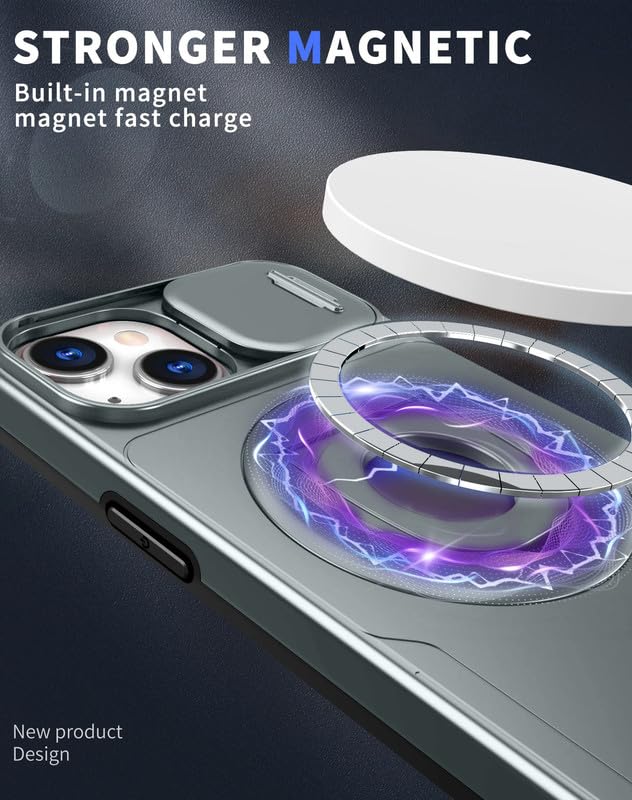 Image of LuxuryKase MagSafe Shockproof Rugged Back Case for iPhone 15 | Finger Ring Kickstand & Sliding Camera Cover | Military Drop Protection | Wireless Charging Support - Grey