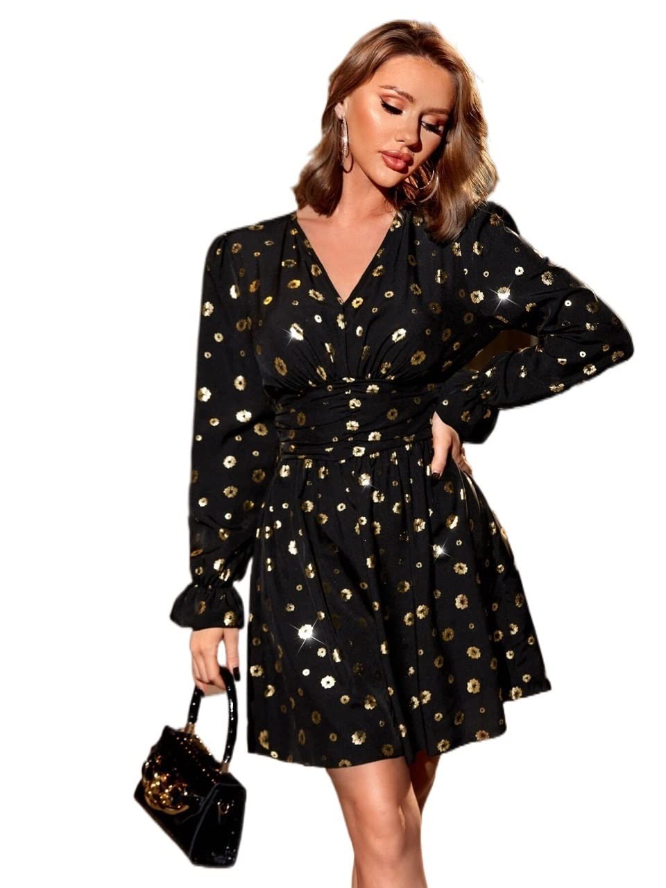Amazon.com: Women's Dresses Gold Polka Dot Print Flounce Sleeve Corset  Waist Dress Dress for Women (Color : Black, Size : Large) : Clothing, Shoes  & Jewelry