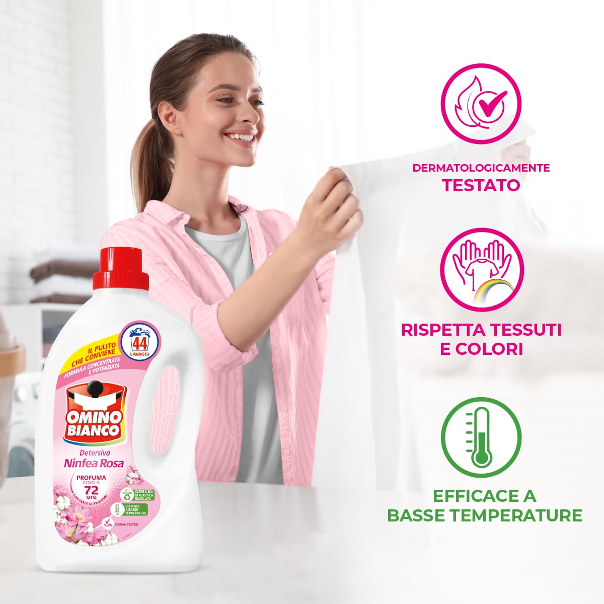 Omino Bianco - Detersivo Lavatrice Liquido, 264 Lavaggi, Rispetta Colori e Tessuti, Fresco Profumo di Ninfea Rosa, 1760 ml x 6 Confezioni