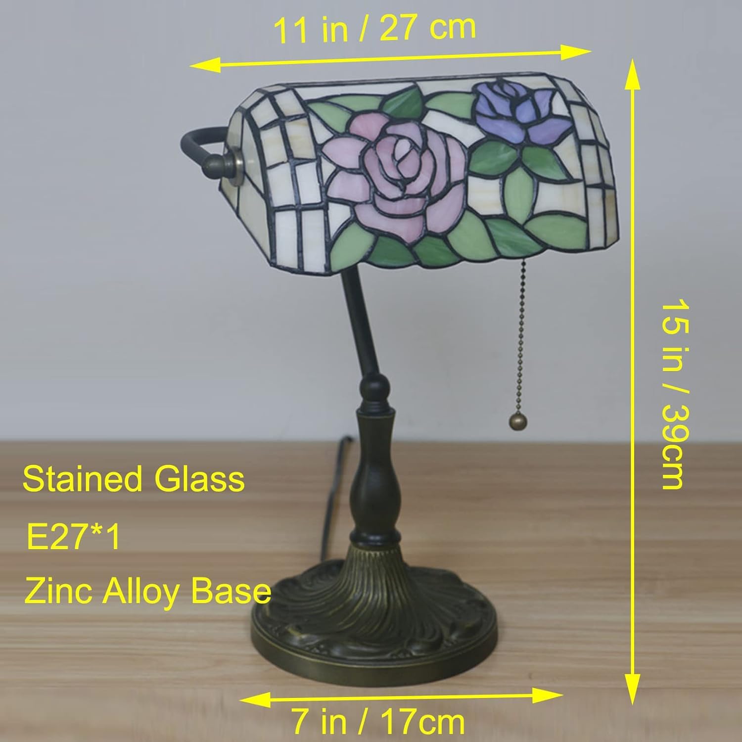 Lampa bankierska Lampa na biurko w stylu Tiffany'ego Czerwona różowa róża Koliber Witraż Lampa stołowa 15 "wysoka luksusowa regulowana lampa fortepianowa dla kochanka Dziewczyna Pani Salon Sypialnia,