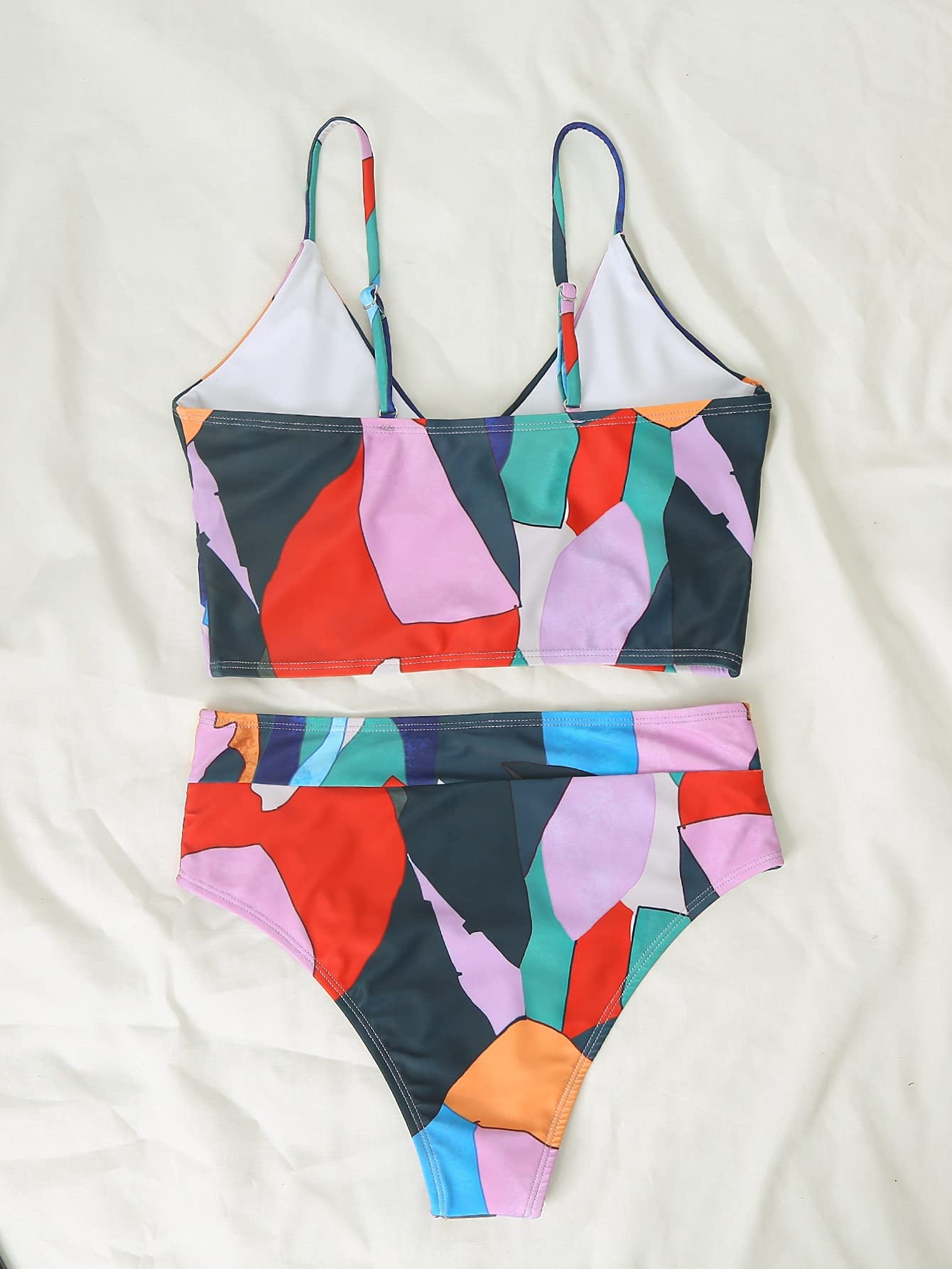 Bikini z wysokim stanem Geometria Drukuj Push Up Wycięty Strój Kąpielowy Kobiety Kąpiące Strój Kąpielowy Potargane Stroje Kąpielowe Kostiumy Kąpielowe Biquini (Kolor: Wielobarwny, Rozmiar: Średni kod) (Wielokolorowy)