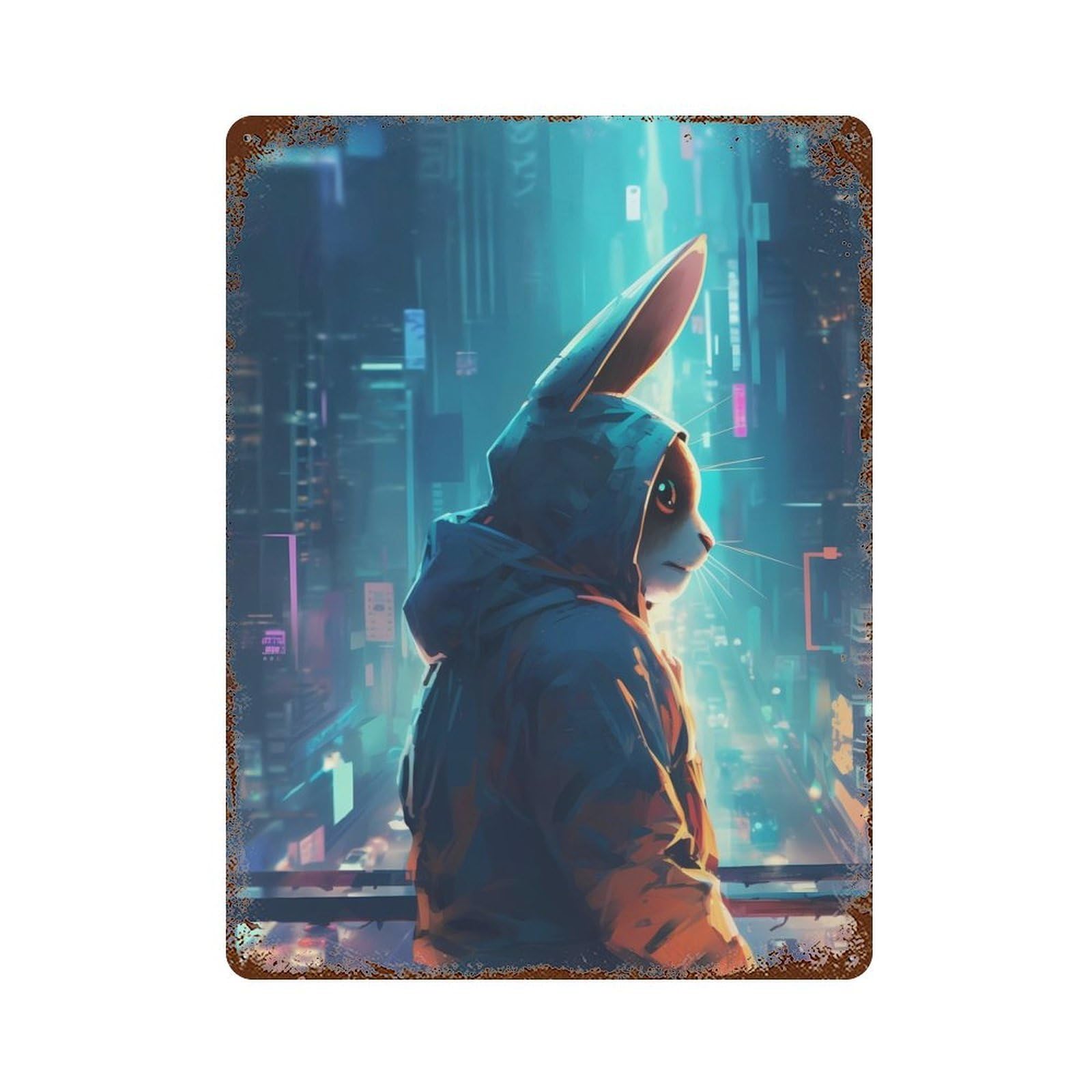 Garage Style Rabbit Futuristic Rust Effect Tin Sign 15.7"x11.8", Industrial Home Decor for Bar And Workshop