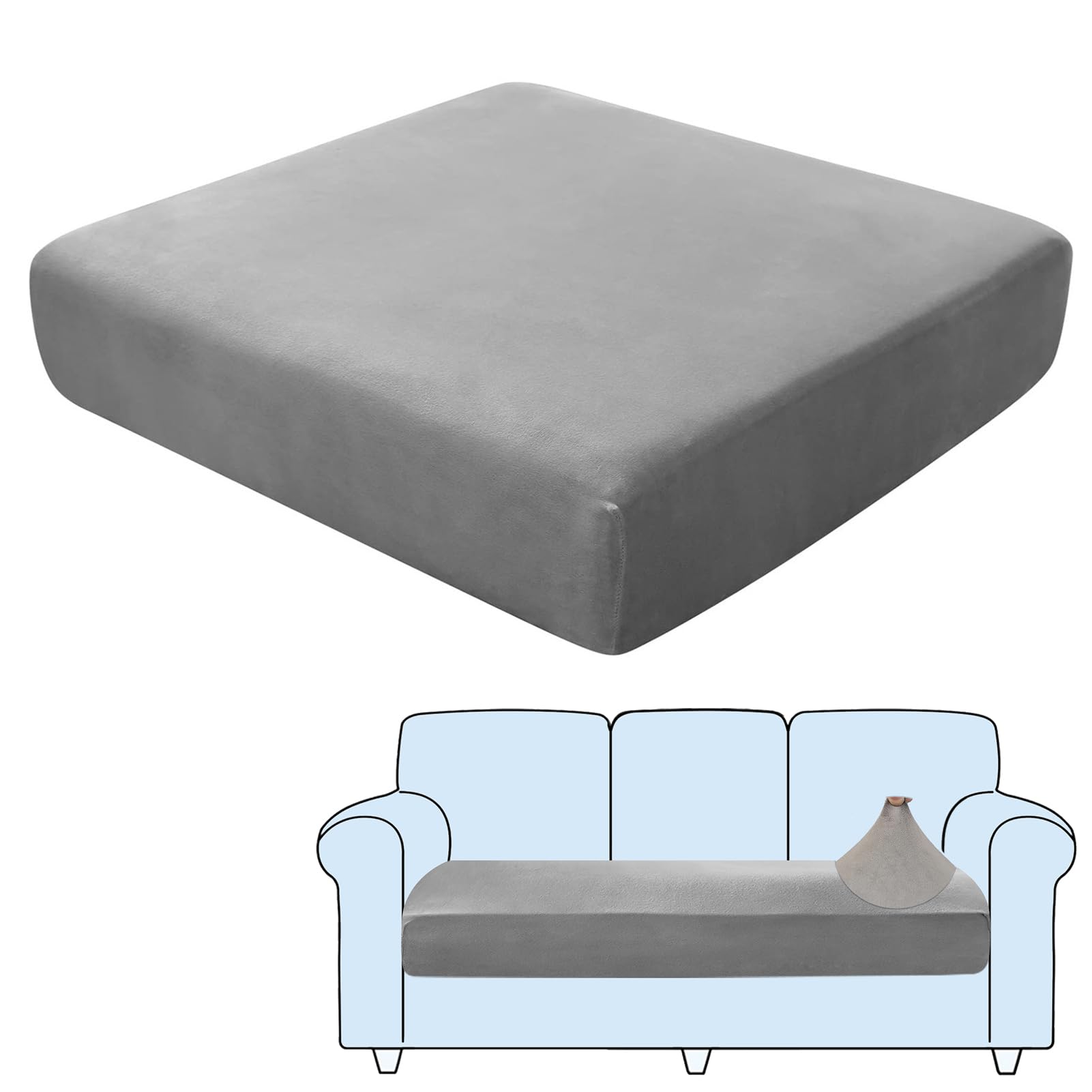 Sofa Seat Cushion Covers,Stretch Velvet Fabric Seat Cushion Protector,Couch Cushion Covers Replacement for Individual Cushion, Machine Washable (Large-3-Seater,Grey)