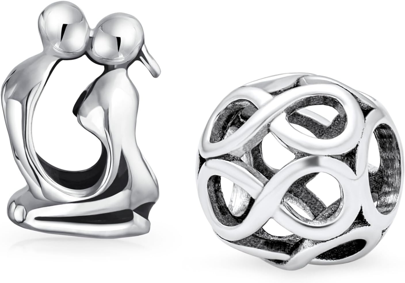 Set of Two Couples Kissing Lovers Sculpture & Valentine Round Open Love Knot Infinity Heart Spacer Barrel Charm Bead For Women Wife Girlfriend .925 Sterling Silver Fits European Bracelet