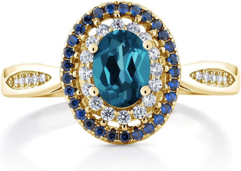 Gem Stone King 18K Yellow Gold Plated Silver 7X5MM Oval Gemstone Birthstone Double Halo Wedding Engagement Anniversary Promise Ring For Women | Available In Size 5, 6, 7, 8, 9