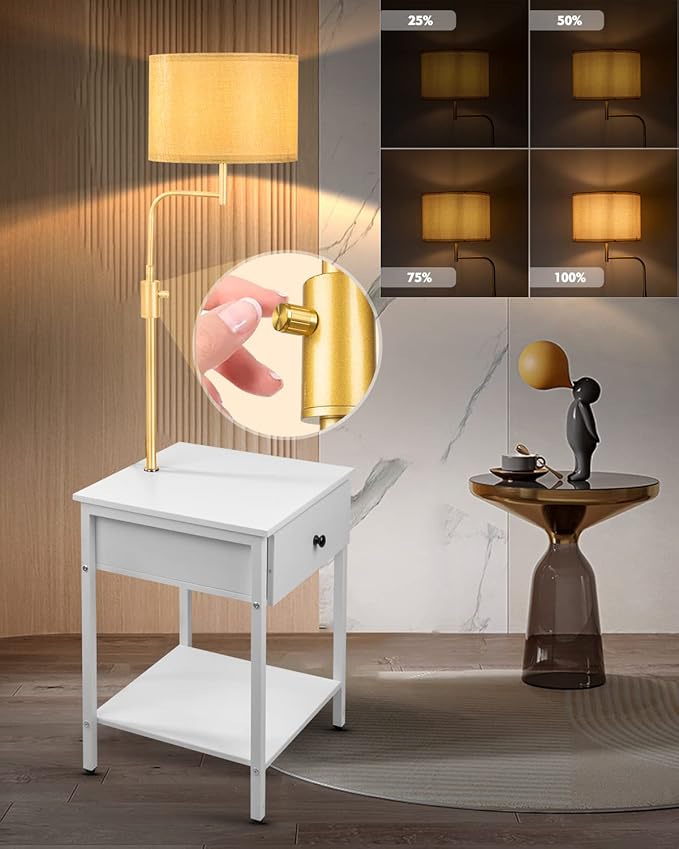 bulbeats End Table with Lamp, Dimmable End Table Lamp with Drawer for