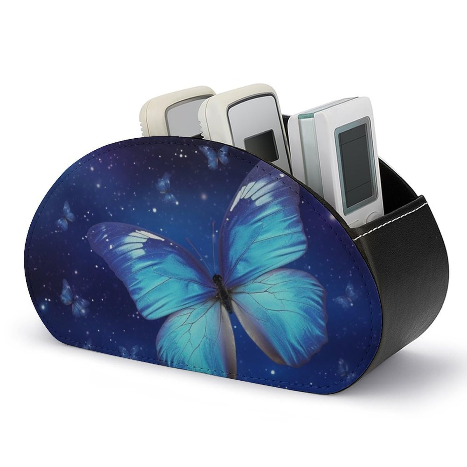 NTVOWPZO Blue Starry Butterfly Remote Control Holder with 5 Compartment Organizer Box, Leather TV Remote Holder Organizer Caddy for Table, PU Leather Remote Box for Nightstand Office Desk Storage Box