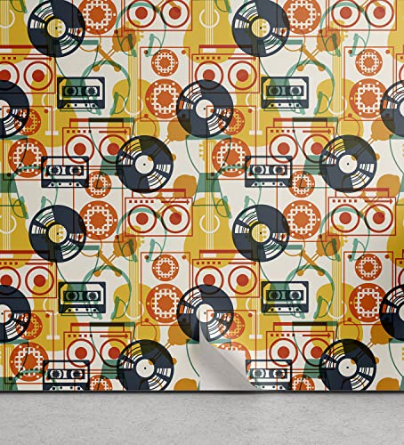 Ambesonne Music Peel & Stick Wallpaper, Pattern with Musical Instruments in Flat Design Style Cassette Radio Vinyl Nostalgic, Self-Adhesive Living Room Kitchen Accent, 13" x 100", Orange Dark Blue