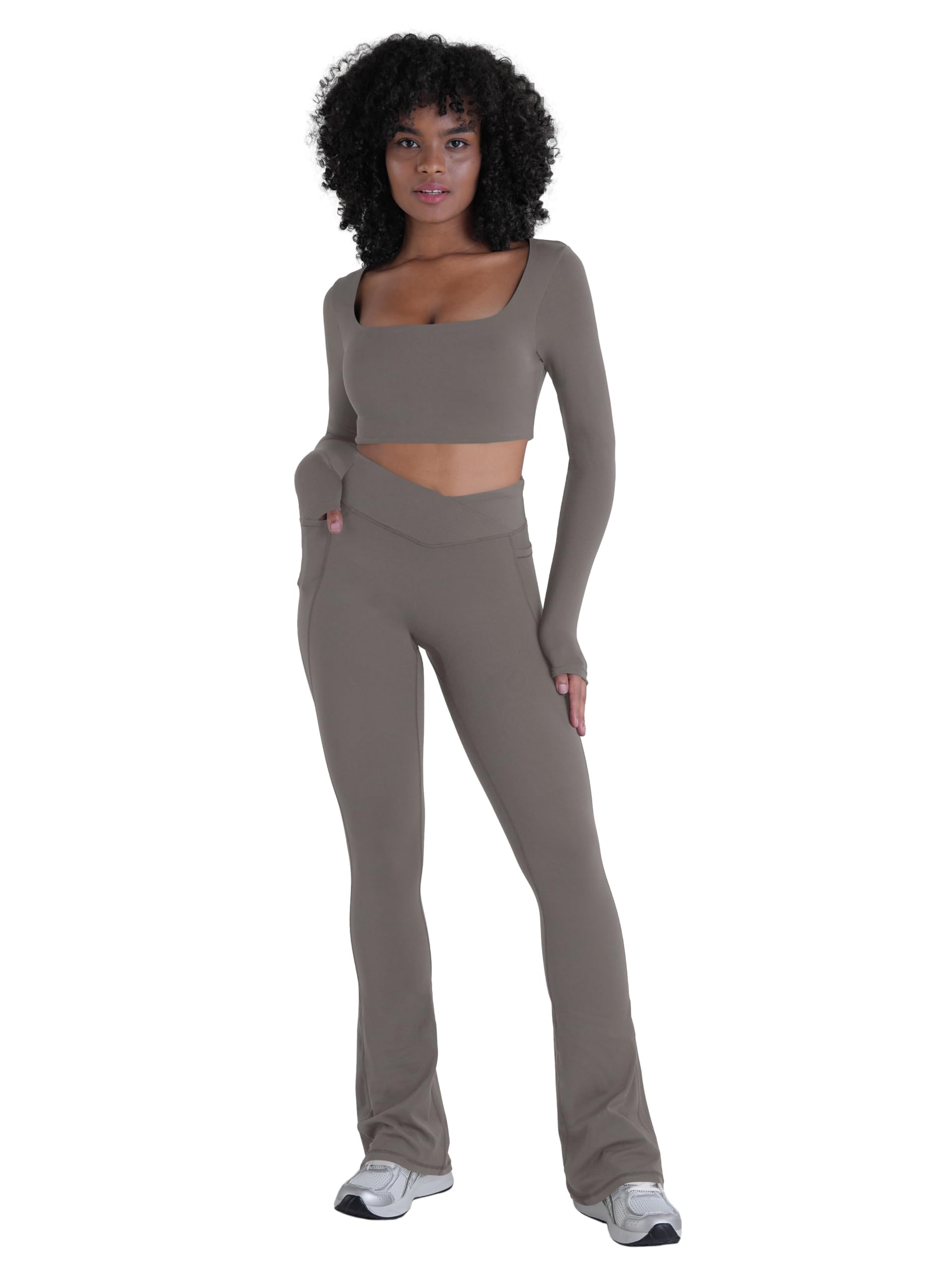 Sunzel Leggings da donna con tasche senza cuciture frontali per il controllo della pancia, mini pantaloni da yoga svasati
