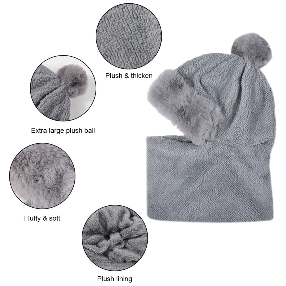Gorro de Invierno con Pasamontañas Mujer Cálido Prueba de Viento Bufanda de Sombrero con Forro y Pompom para Esquí al Aire Libre