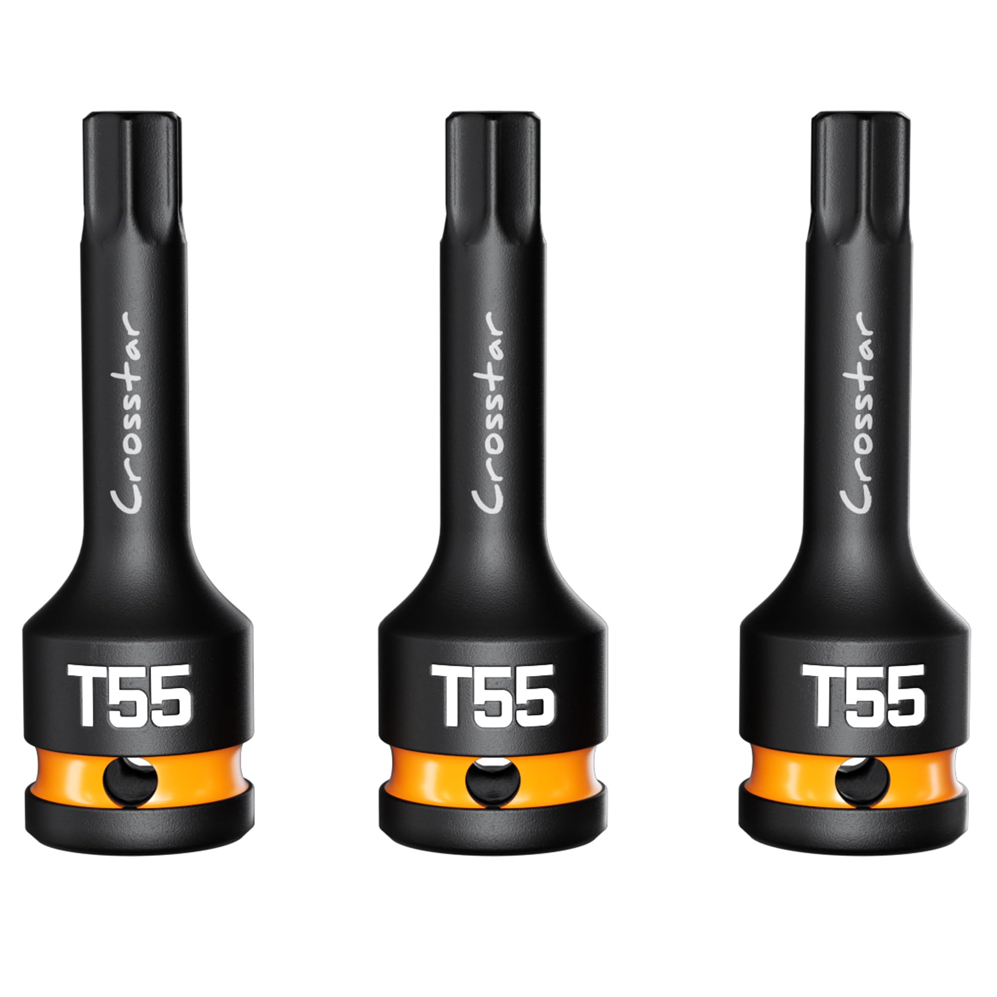 Crosstar 3pcs T55 Impact Torx Bit Socket Set, 1/2" Drive Cr-Mo Steel, Long High Impact Star Sockets for Automotive &amp; Heavy-Duty Use, Professional Mechanic Tools with Transparent Case