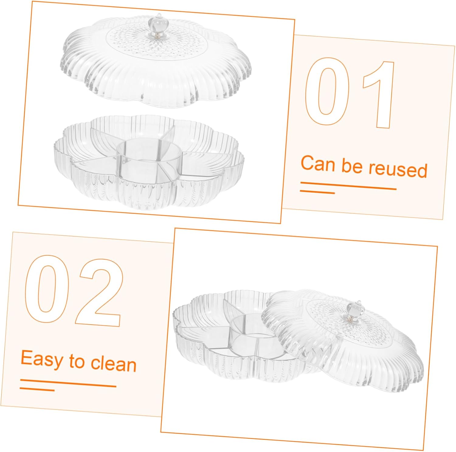 ABOOFAN Divided Fruit Serving Tray Transparent Snack Holder with Floral Design for Parties Weddings and Home Use Dried Fruits Candies and Snacks