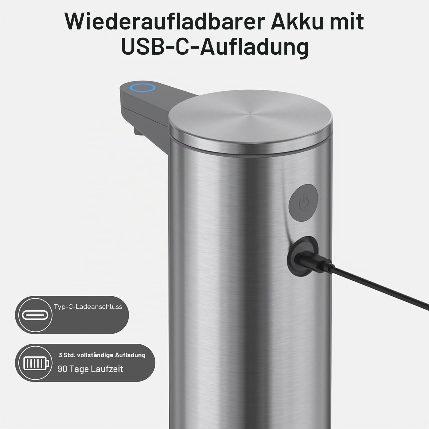 Mbillion Automatischer Seifenspender Berührungsloser Schäumender Seifenspender USB Wiederaufladbarer Spender Elektrisch 5 Stufen Einstellbare Schaumseifenspender Pumpe für (Silberfarben)
