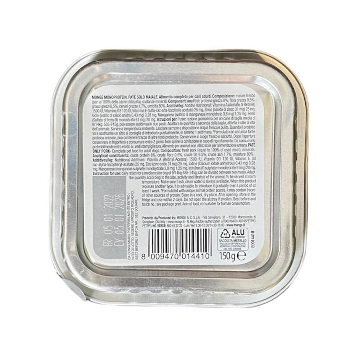 Monge Monoprotein Cibo umido per Cane solo Maiale, naturalmente senza coloranti, conservanti e zuccheri aggiunti. Confezione da 24 vaschette (1 = 150gr.)