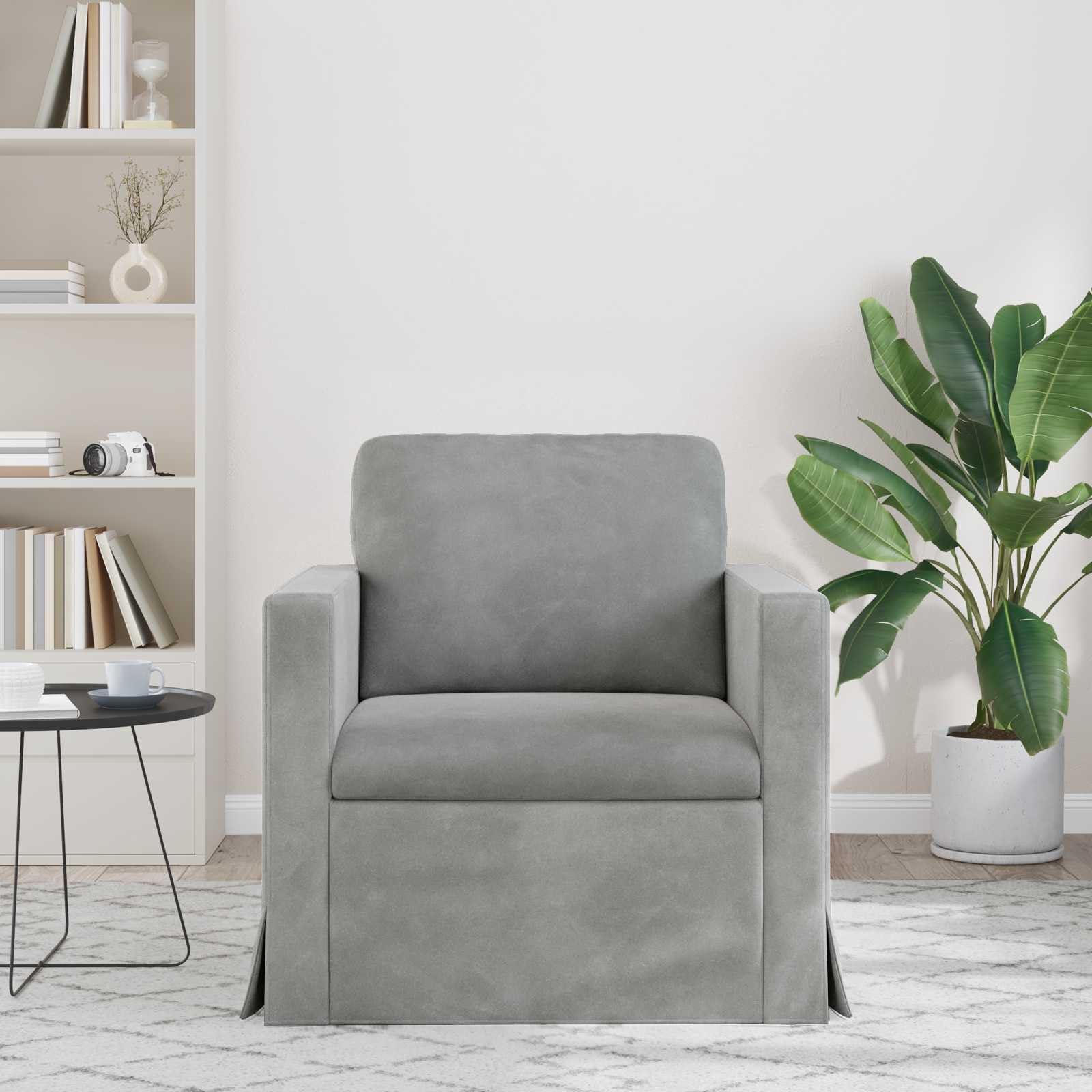 Sofa jasnoszara z aksamitu 78 x 78 x 80 cm o ergonomicznym wzornictwie, stabilna metalowa rama, drewniane podłokietniki, nie zajmuje dużo miejsca, do salonu, pokoju gościnnego i wypoczynku, z