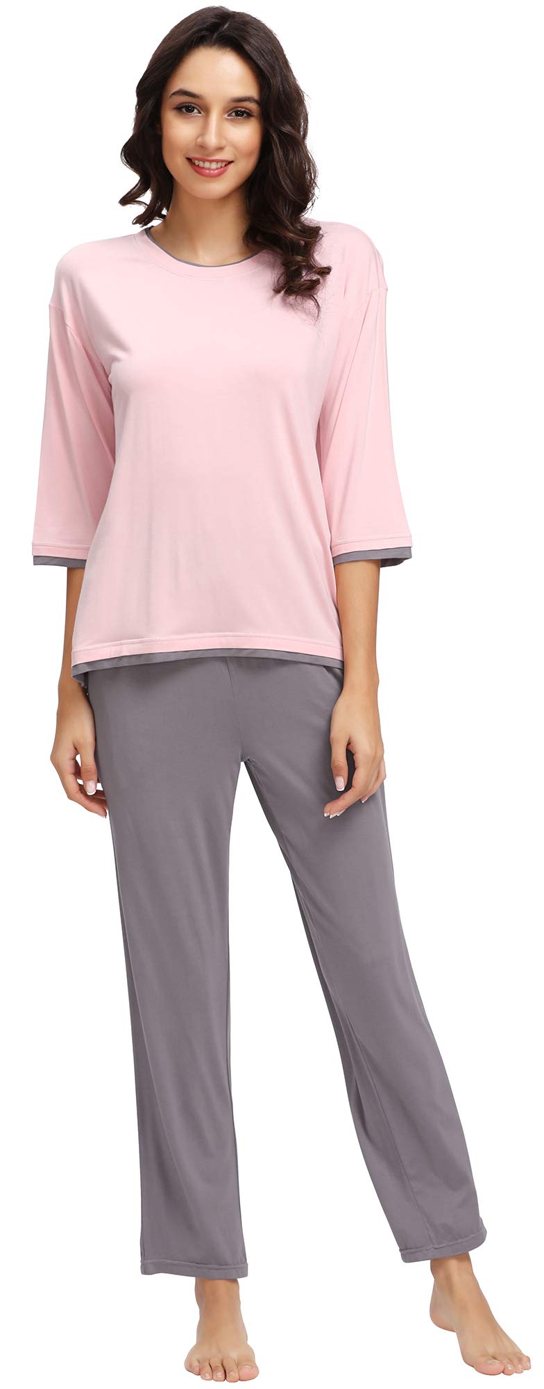 WiWi Womens 3/4 Sleeve Pajamas Set Soft Cooling Bamboo Viscose Top with Pants Sleepwear Plus Size Pjs S-4X with Pockets