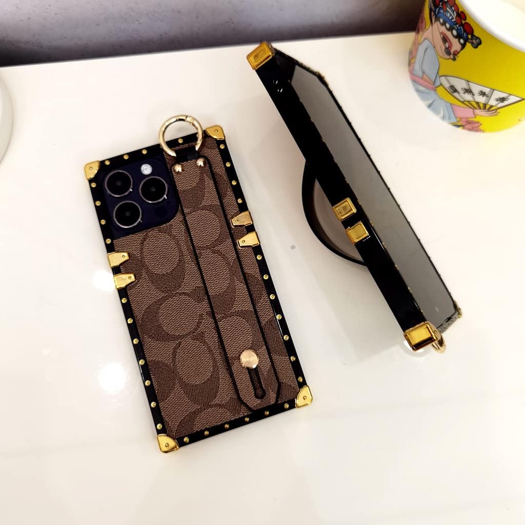 Luxury Rectangle Leather Compatible for iPhone 14 Pro Max Case with Wristband Strap Anti Drop Protective Designer Case Compatible with iPhone 14 Pro Max- 6.7 inch (Brown) - Image 2