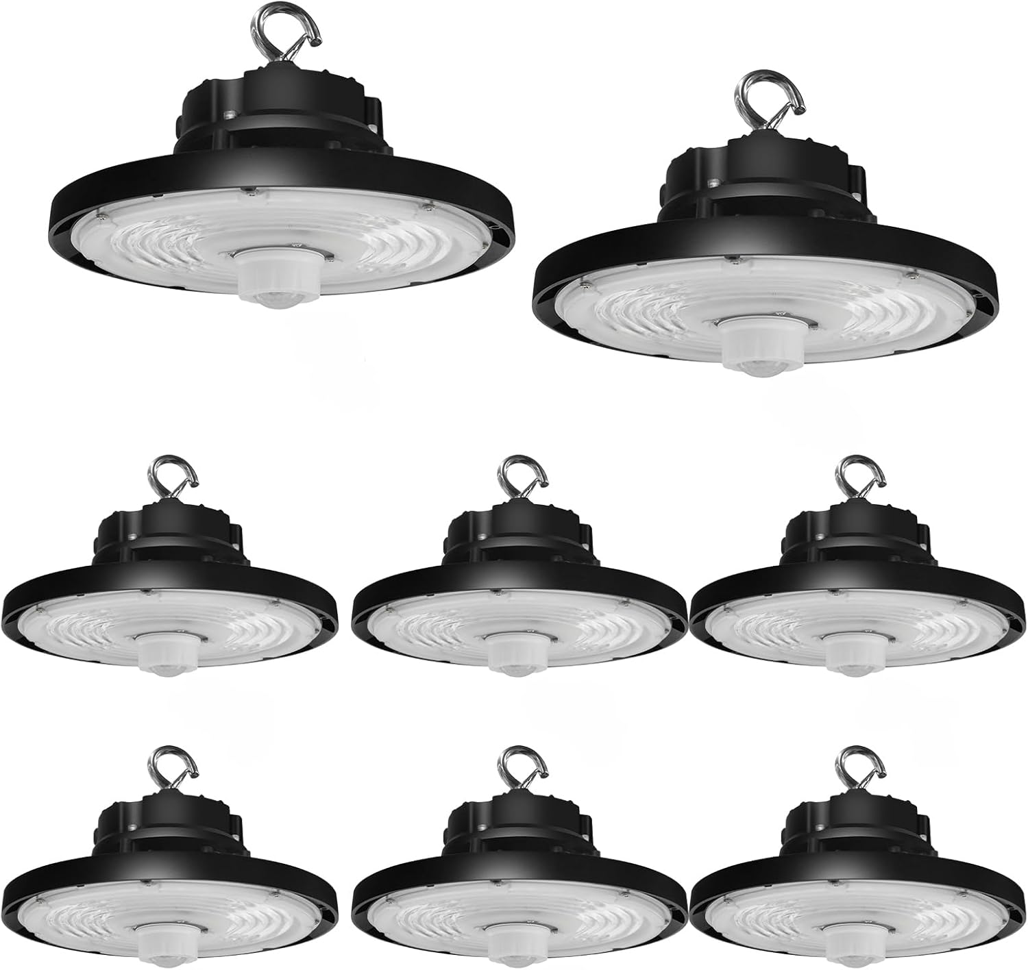 LED High Bay Light with Motion Sensor, Adjustable Power 150w/200w/240w, 22500lm/30000lm/36000lm. 3CCT 3000K/4000K/5000K,0-10V Dimmable UFO High Bay Light with Preinstalled Hook - 8PK