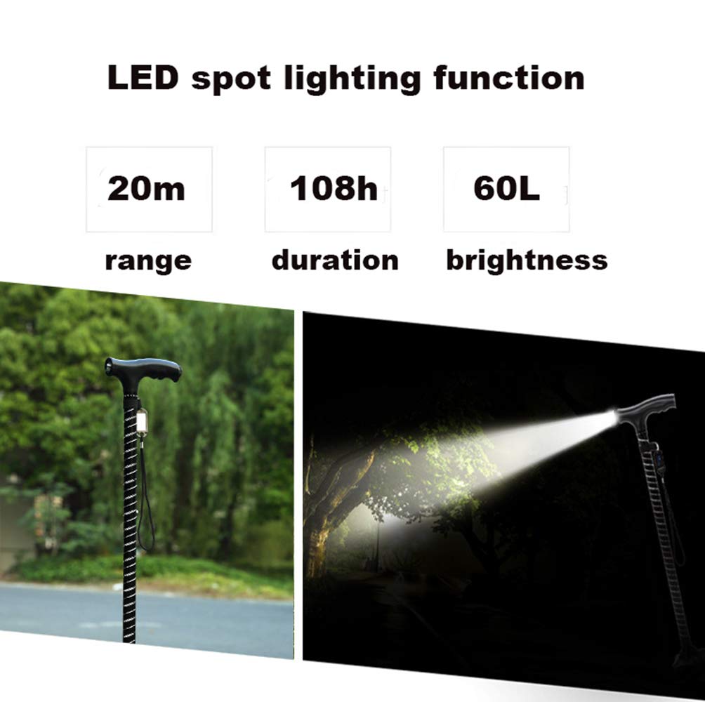 Bastone da passeggio quad, ausilio per la mobilità bilanciata per uomini e donne Bastone da passeggio leggero con torcia a LED Robusta stampella in alluminio a quattro punte per anziani Star of Light