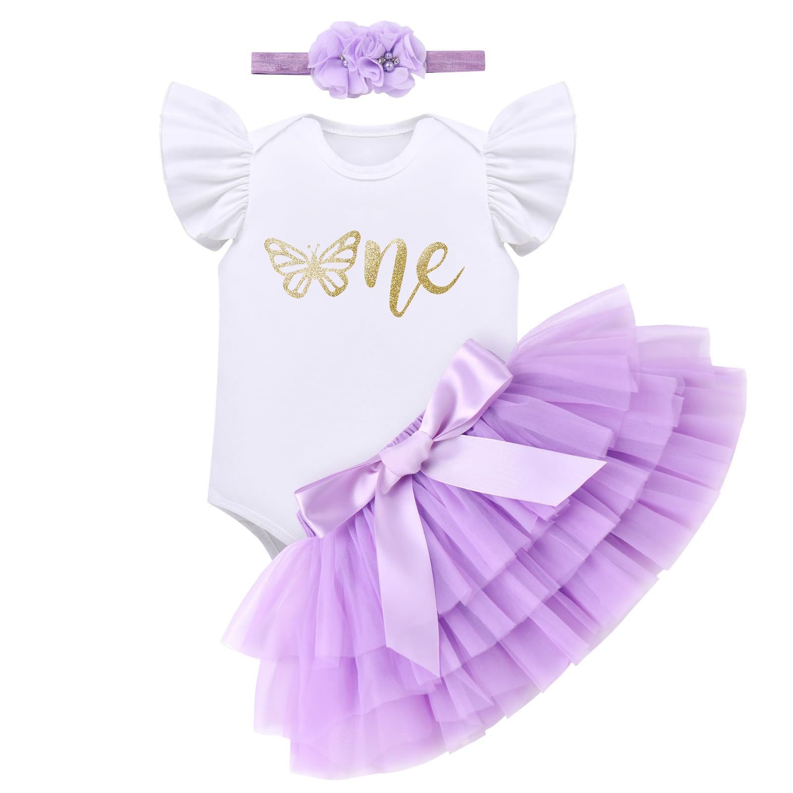 IMEKIS First Birthday Outfit Girl: Butterfly Dress for Toddler Princess Onederful 1st Birthday One Year Old Romper Ruffle Tutu Skirt Cake Smash Photoshoot Spring Baby Lilac Butterfly One 1T