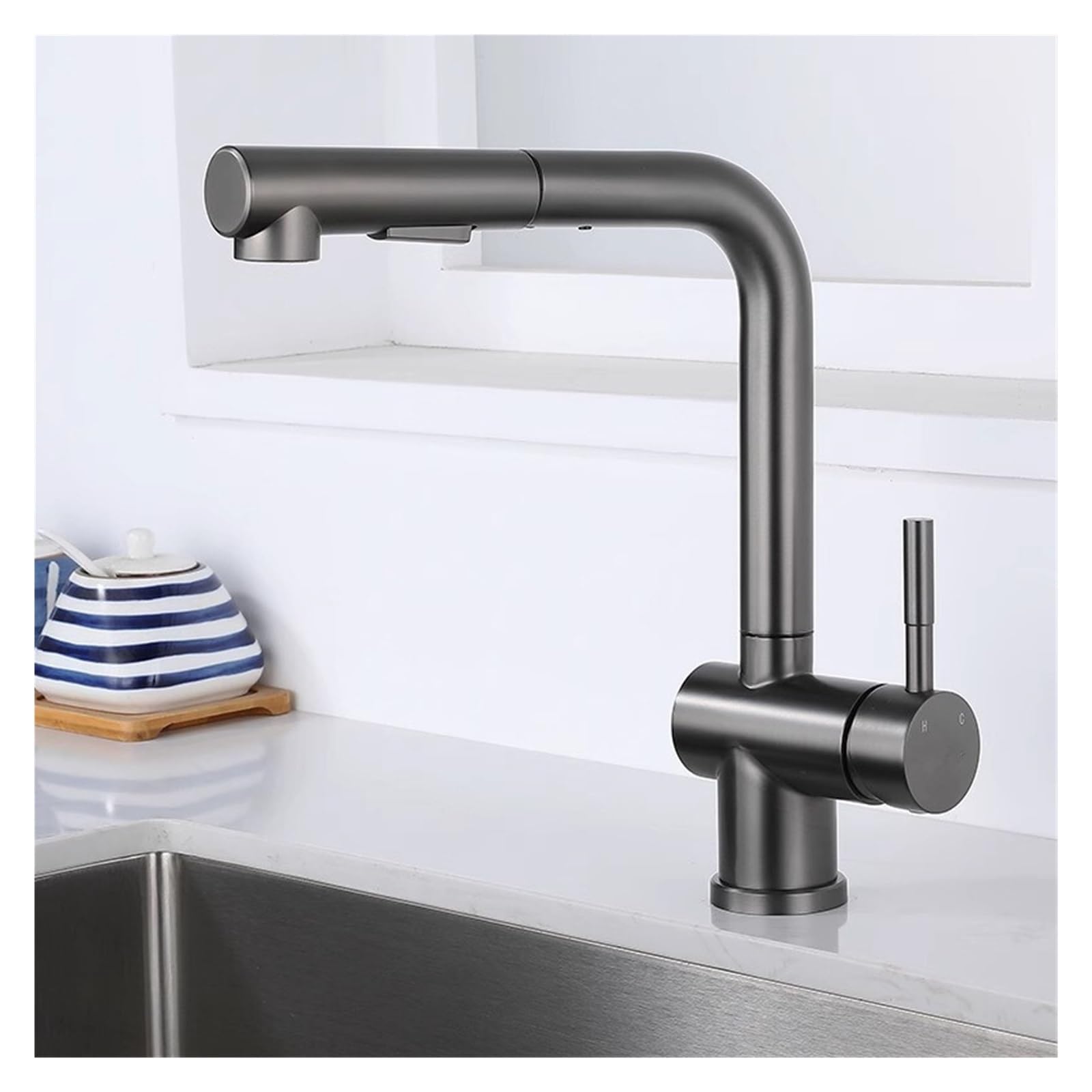 Jvddi Gris Pull Out Kitchen Sink Faucet Flexible 2 Modes Stream & Sprayer Nozzle Faucets Stainless Steel(Gris)