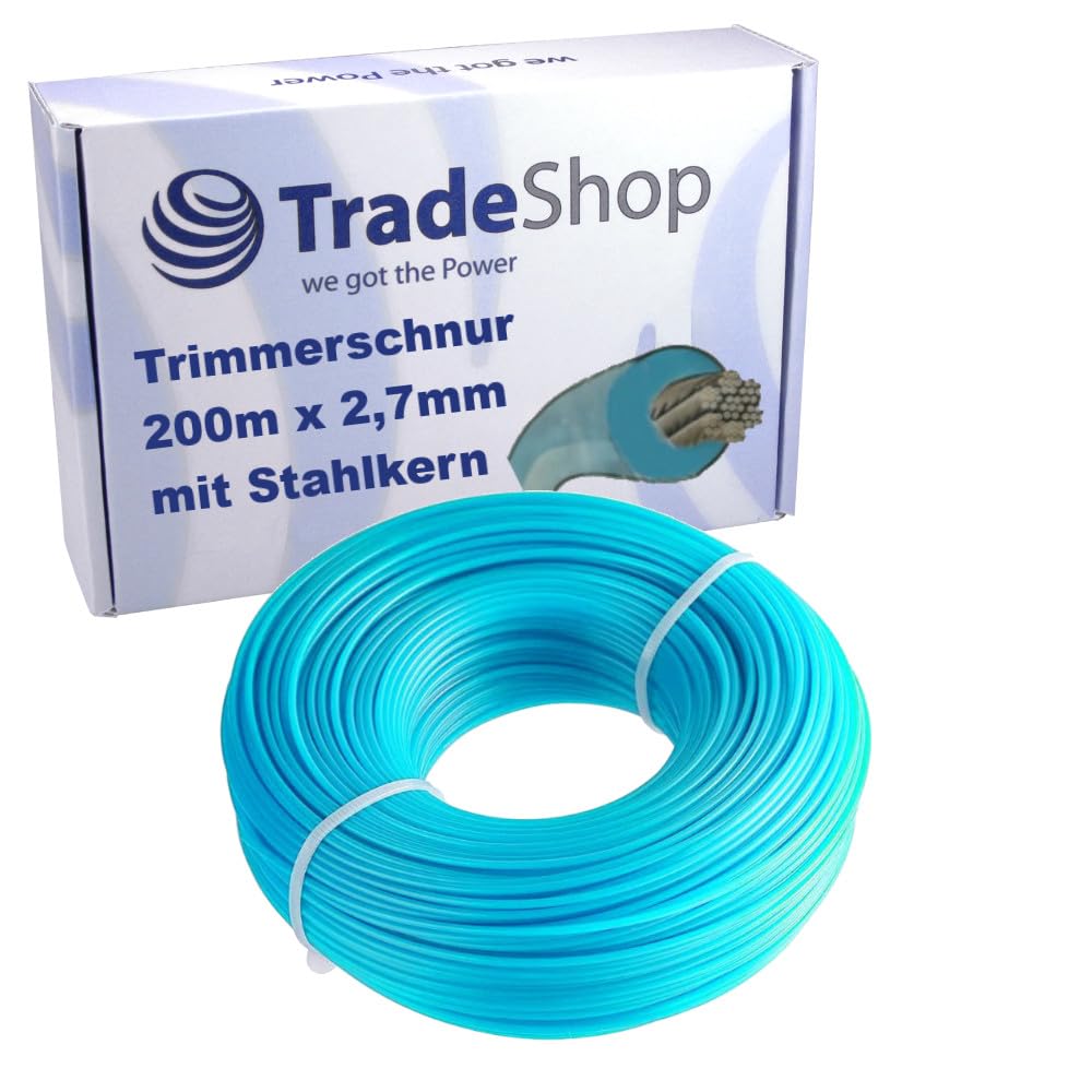 Trade-Shop Hilo de corte doble redondo, 200 m x 2,7 mm, con núcleo de acero, compatible con Stihl Dolmar Husqvarna Echo WeedEater Craftsman Desbrozadora