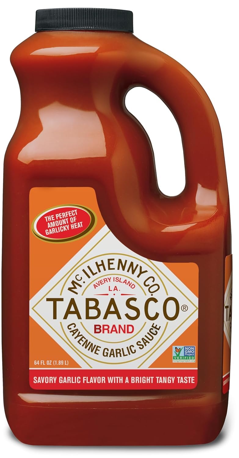 TABASCOBrand Cayenne Garlic Pepper Sauce, Mild Hot Sauce, Bulk Plastic Jug, Smoky & Zesty Blend with Savory Garlic, Perfect for Large Recipes, Great for Italian Dishes & More, 64 Fl Oz (Pack of 1)