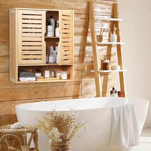 Miniatura 6 de HYNAWIN Botiquín de pared para baño, organizador de almacenamiento de bambú flotante sobre el inodoro con estante ajustable, ahorro de espacio para