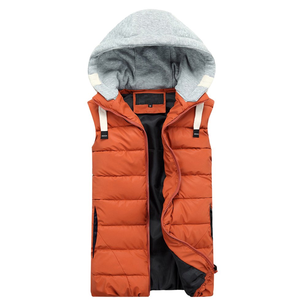 Unisex Slim Fit Padded Sleeveless Jacket Down Vest with Hood Orange Red US Size S (Tag Size L)